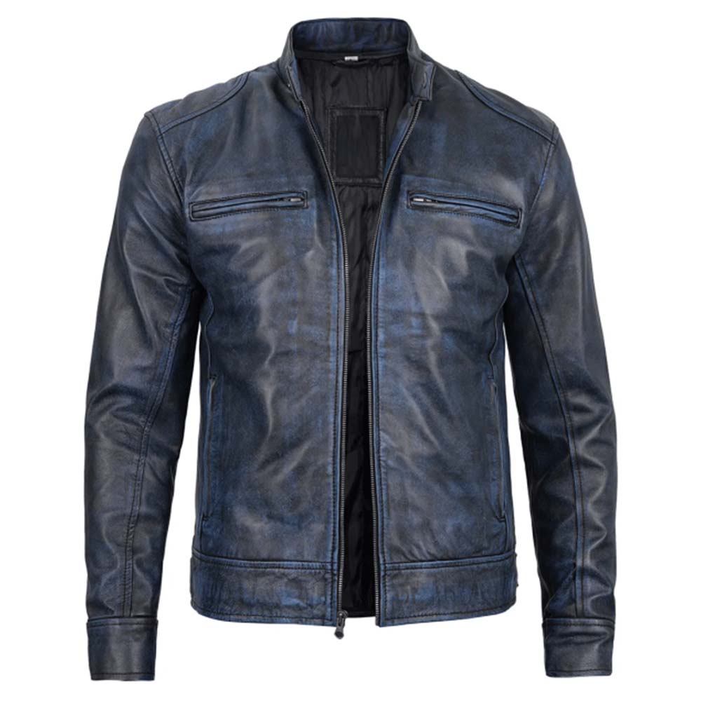 Stylish Dodge-inspired blue cafe racer leather jacket for men in American Market