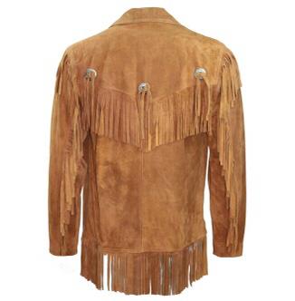 Men’s tan jacket featuring Native American-inspired patterns in American Style