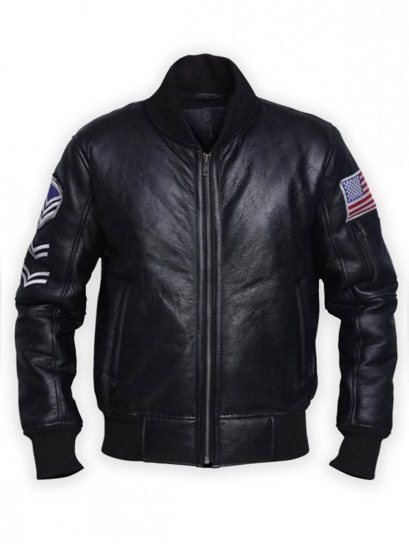 Stylish men’s black leather jacket with American flag design in USA