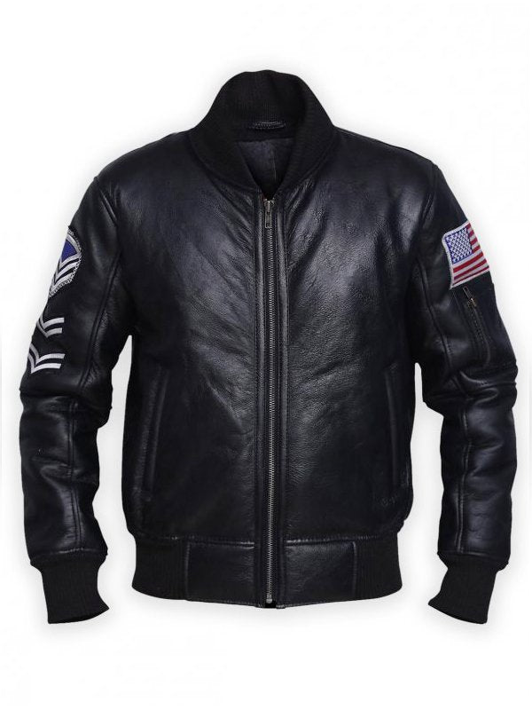 Stylish men’s black leather jacket with American flag design in USA