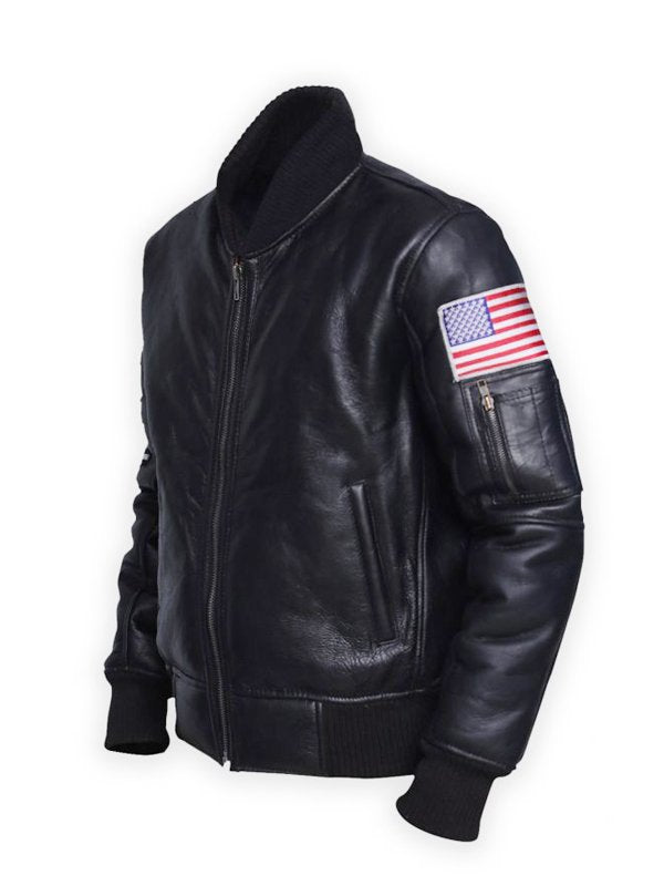 Black leather jacket for men featuring the American flag in American Style