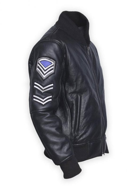 Men’s patriotic black leather jacket with American flag details in France Style