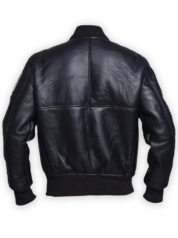 Classic men’s black leather jacket showcasing an American flag motif in USA