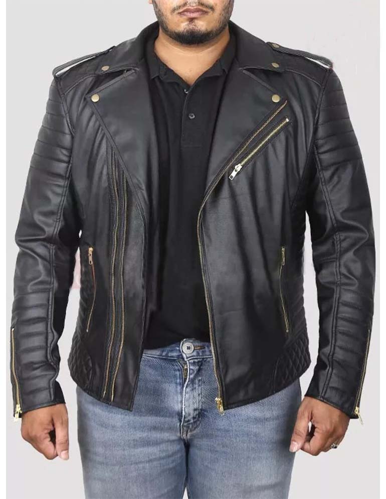 Stylish men’s black leather biker jacket with gold zippers in USA