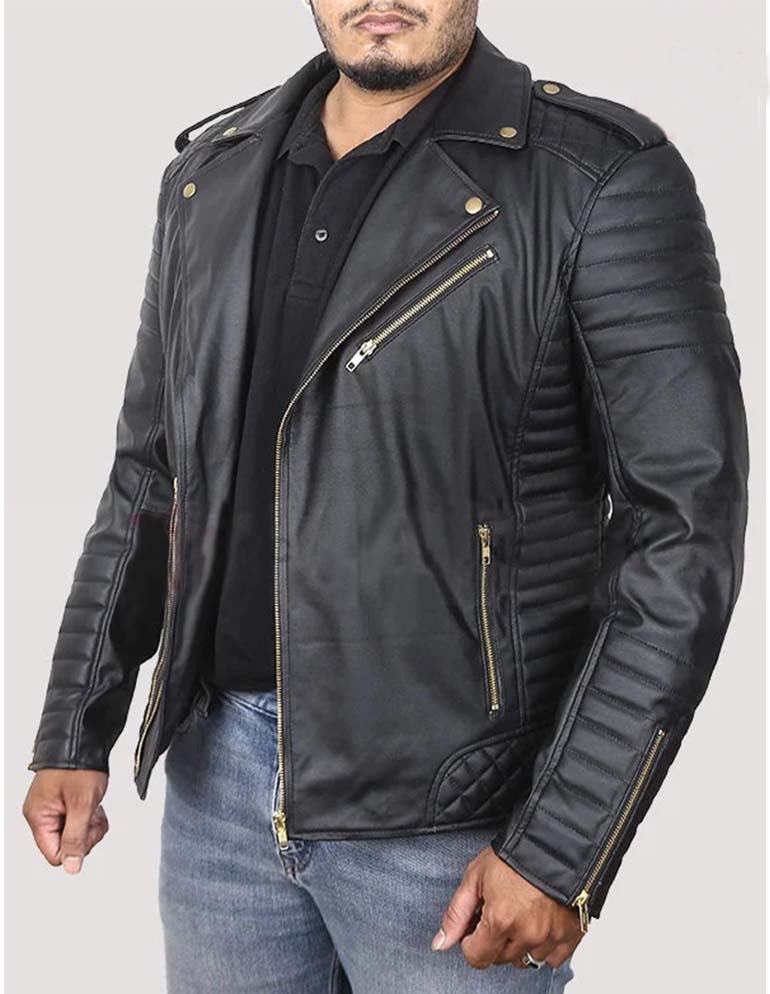 Black biker leather jacket for men featuring gold zipper accents in American Style