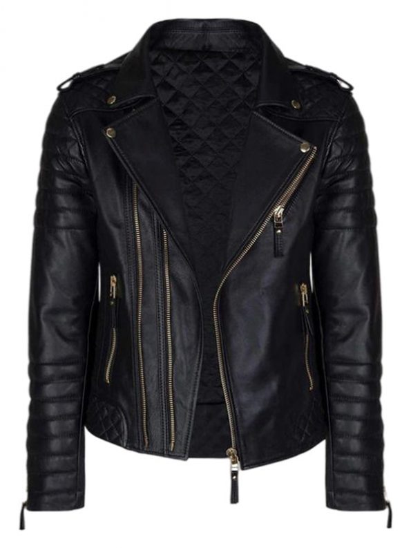 Trendy men’s black leather jacket with bold gold zippers in United State Market
