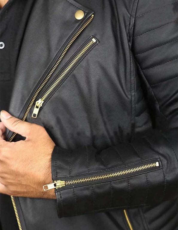 Men’s black biker jacket with eye-catching gold zippers in American Style