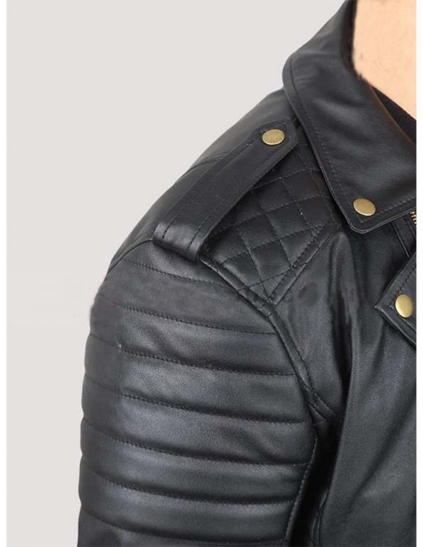 Fashionable black leather biker jacket for men with gold details in USA