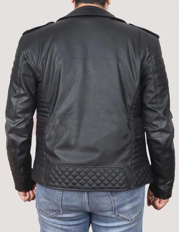 Sleek men’s leather biker jacket in black with golden zippers in United State Market