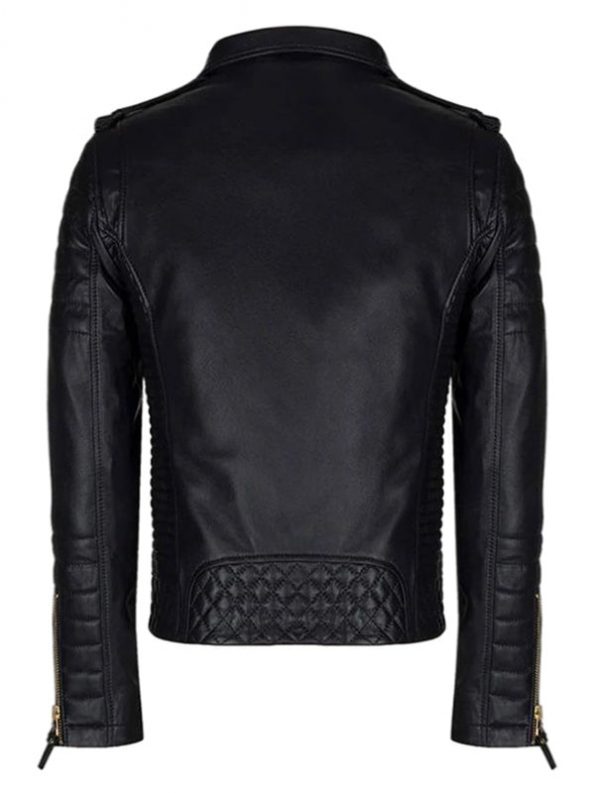 Black men’s biker jacket featuring premium gold zipper design in USA