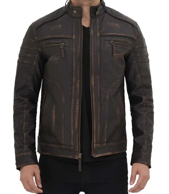 Brown distressed leather jacket by Monroe in France style