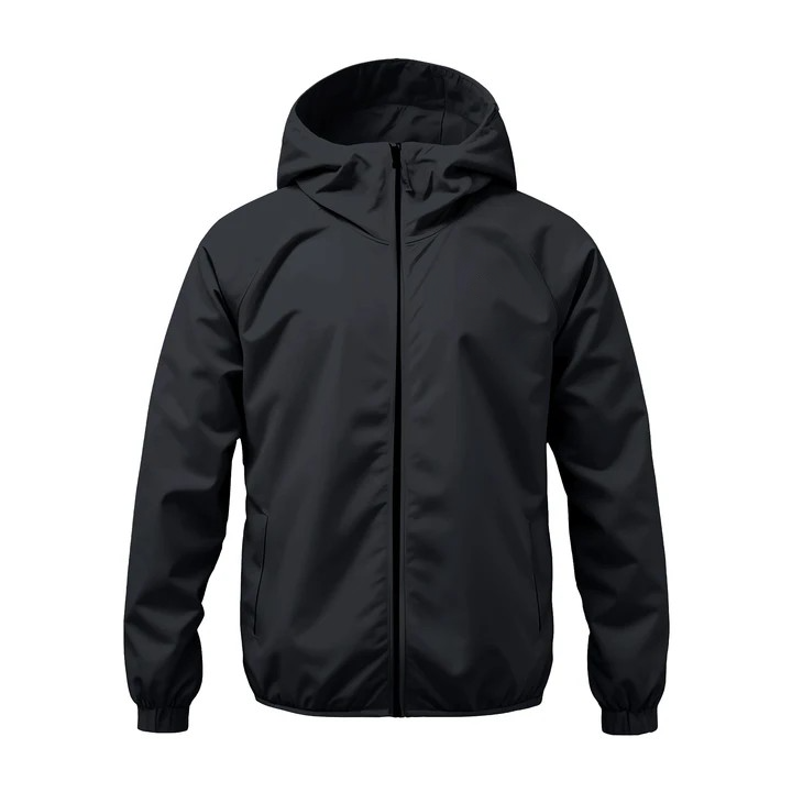 Black jacket with a hood on a white background